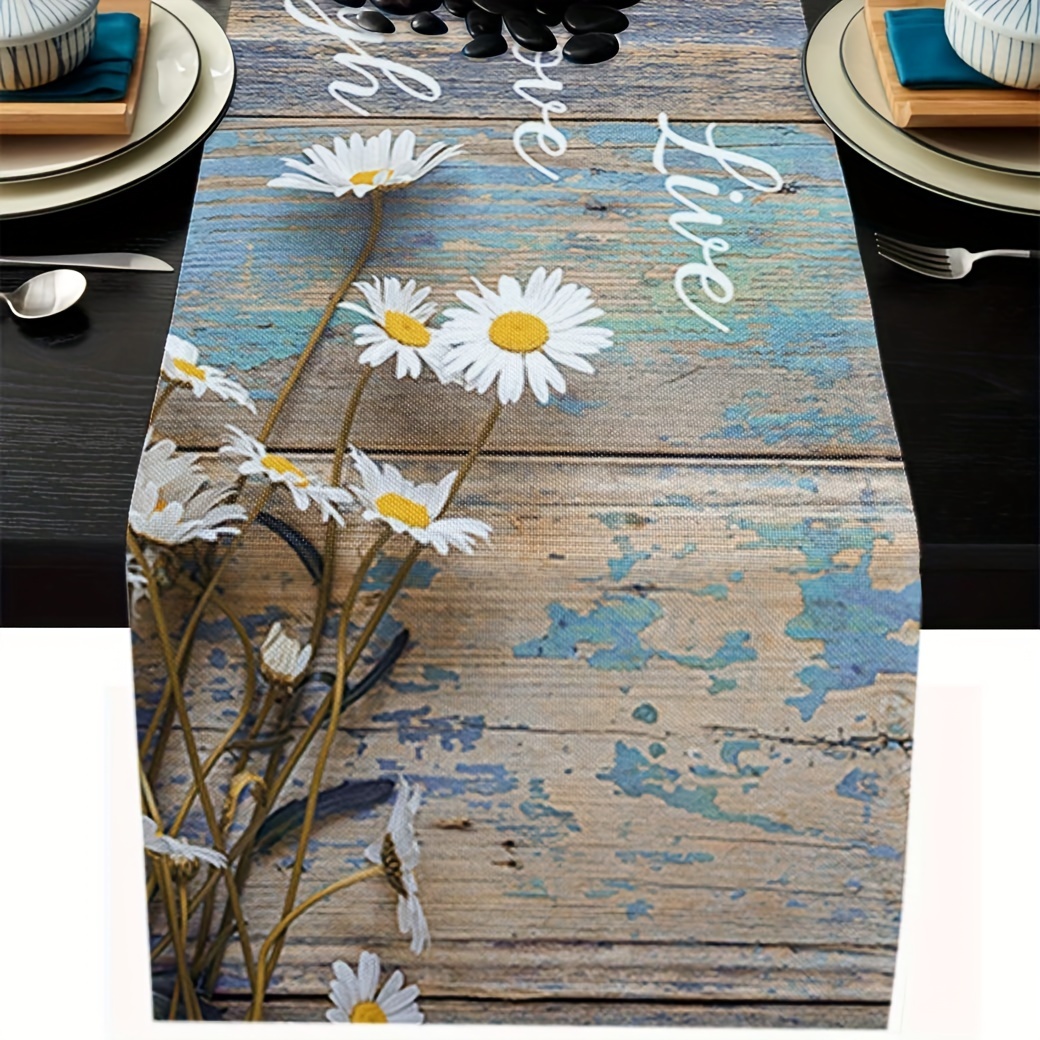 

1pc, Polyester Table Runner, Daisy Live Love Laugh Farmhouse Style Table Runner, Rustic Floral Design For Kitchen, Dining & Coffee Tables