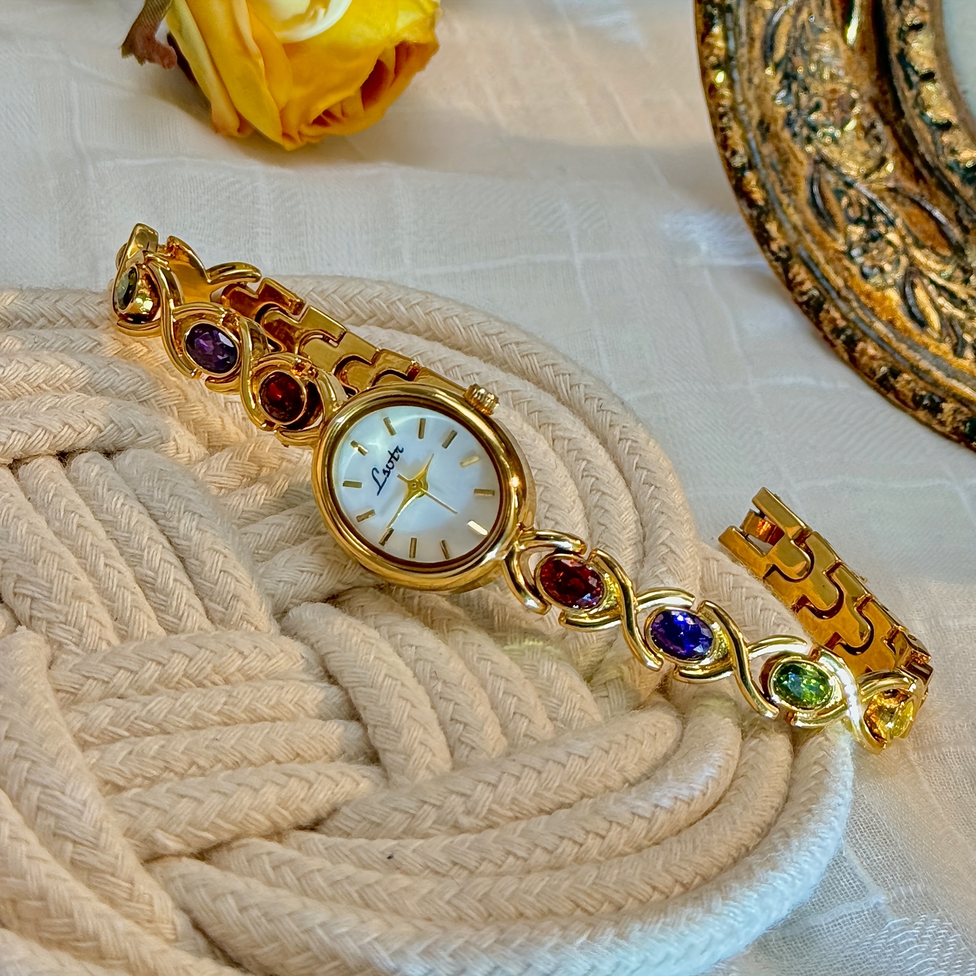 TEMU High-end Colored Gemstone Inlaid Light Luxury Retro Elegant Fashion Women's Watch Oval Mother-of-pearl Dial Suitable For And To Decorate The