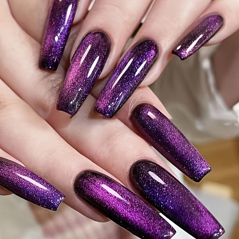 

24pcs, Square Type A, Long Ladder Shape, , , Rose Purple, High-end, Temperament, Cat Eye, With Jelly Glue, Full Coverage Women's Artificial Nails