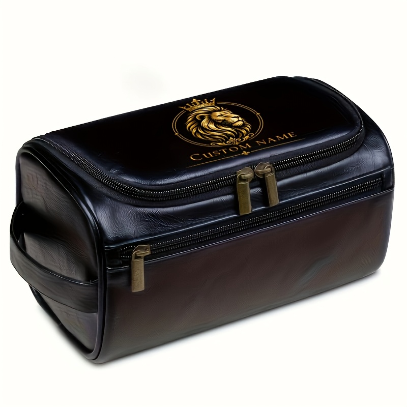 TEMU Trousse de toilette pour homme avec badge couronne de lion et nom personnalisé - Trousse de voyage multi-zip de grande pour rasage et lavage,