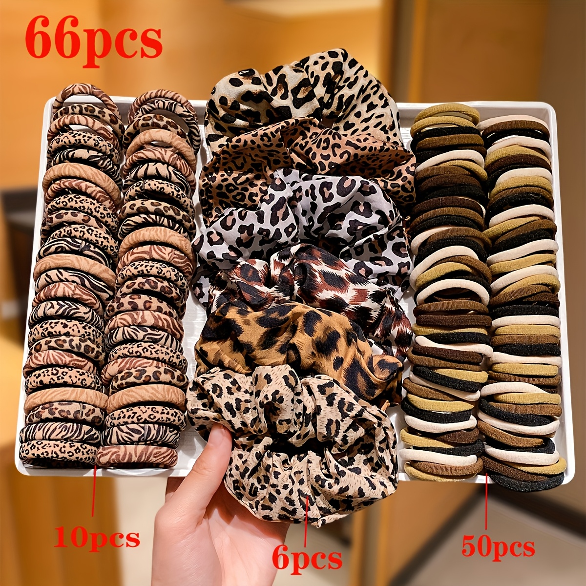 E-shop 66-teiliges Leopard-Print Scrunchies Set, weiche und haartfreundliche Haargummis, Kaffee-Farben-Serie Scrunchies Kombination Set, vielseitige