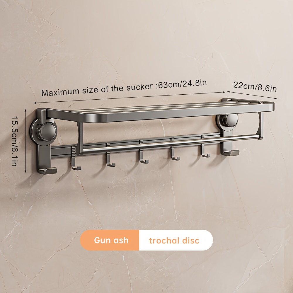 TEMU Musurjoy Modern Wall Mount Towel Rack With Hooks, Suction Cup Installation, , No Drill, Moveable, With Electricity-free For Bathroom Towel Storage