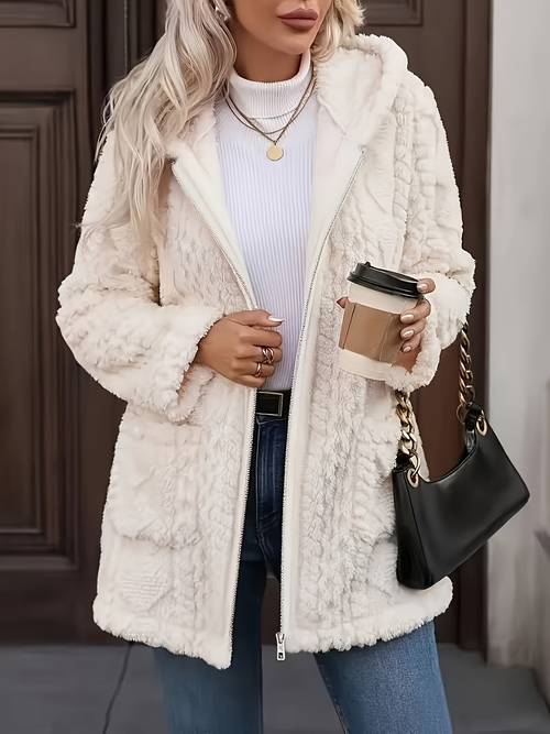 solid color double sided plush zip up hooded cardigan womens casual length plush coat for autumn and winter