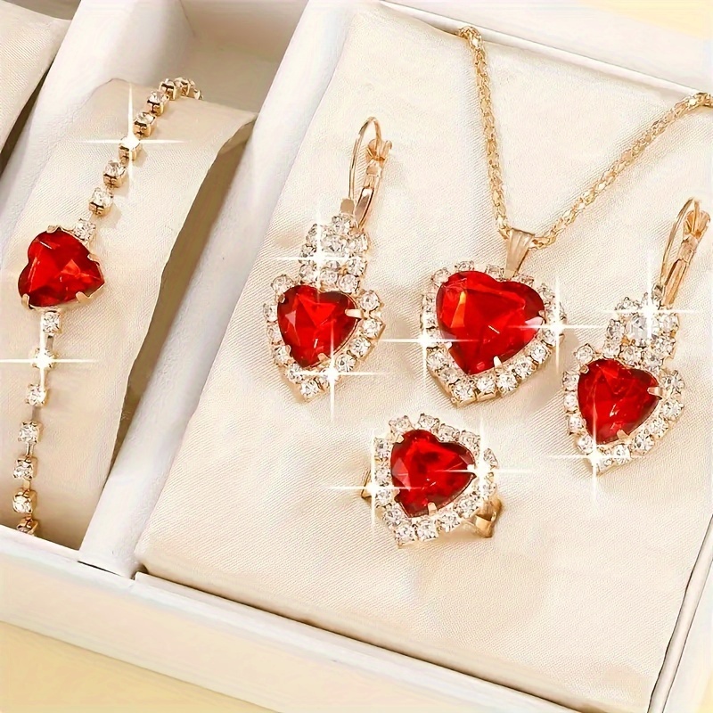 

Drop Earrings + Necklace + Ring + Bracelet Chic Jewelry Set Sparkling Heart Design Paved Gemstone Pick A Color U Prefer