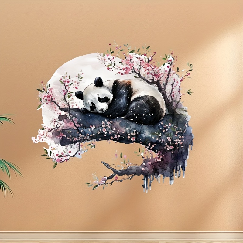 Cute Panda Lying On Plum Wall Sticker, Decorating Living Room Porch Bedroom Self-adhesive Painting, Removable Pvc Wall Sticker