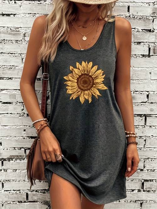 womens casual round neck sundress with sunflower print