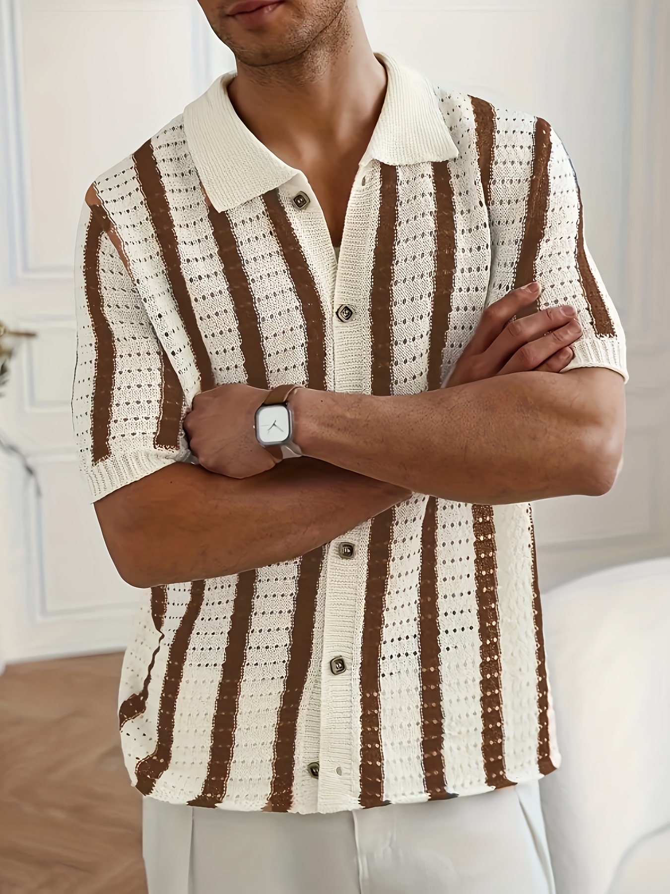 crepuscule Stripe Mesh Knit Shirt Brown Maniac Men Brooklyn Knit