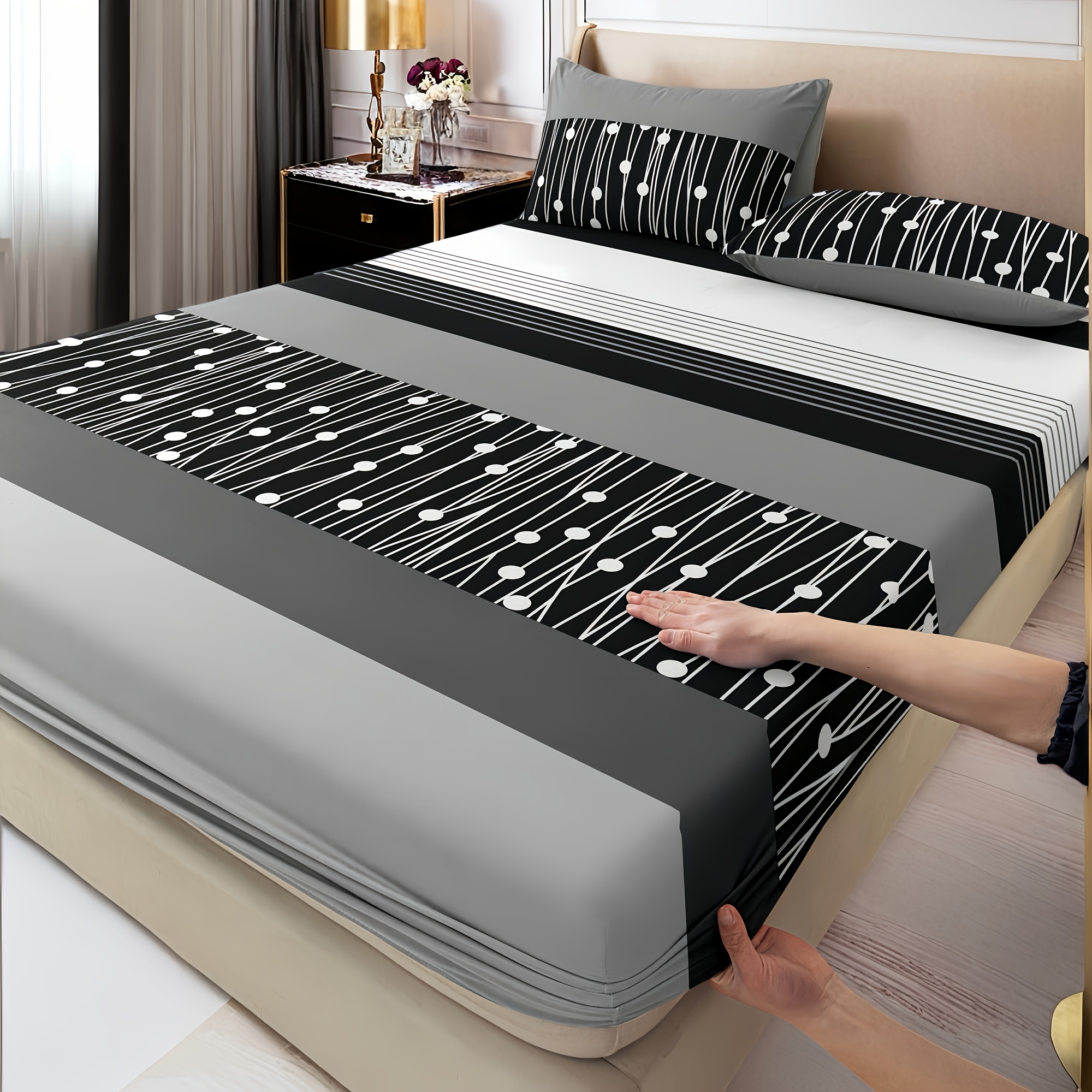 3pcs Classic Fashion Striped Gray/2 Pillowcases And 1 Fitted Sheet/Bedroom Double Bed/Full Bed/Queen Bed/King Bed - Creamy White Soft Skin-Friendly/Easy Care - Snug Fit Easy to Put on Mattress_All-Season