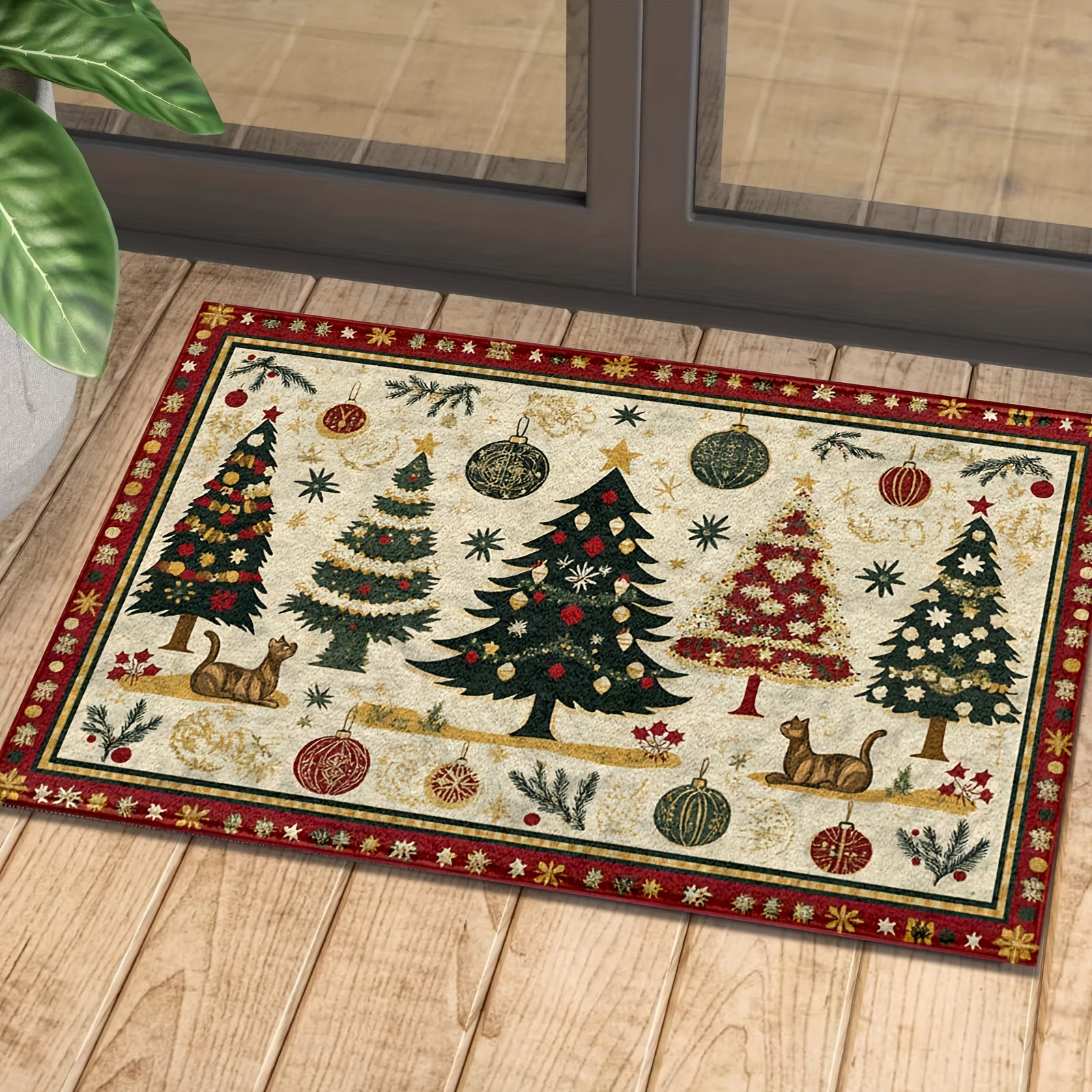 

1pc Christmas Tree & Cat Pattern Bath Mat - - Imitation , Absorbent & Stain-, For Bedroom, Bathroom, Kitchen, And Entryway Decor, Fluffy Decor Decoration