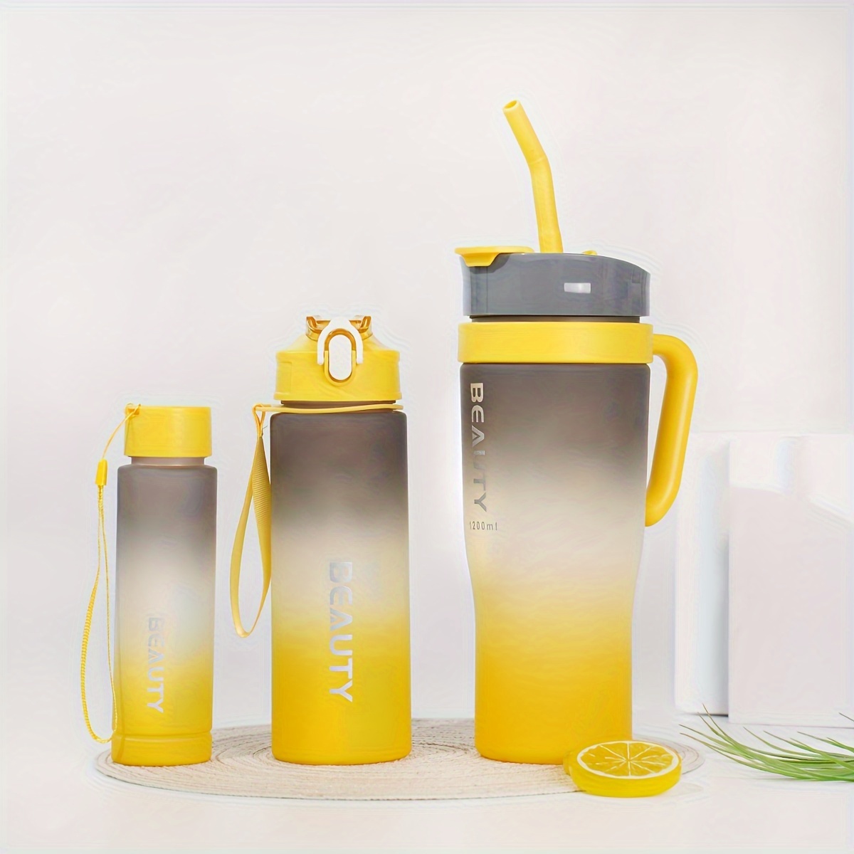 3단 아이스 텀블러, 그라데이션 컬러 냉동 빨대, 이중 음용 플라스틱 물컵, 300ml/800ml/1200ml (10oz/27oz/40oz), 대용량 자동차 손잡이 자동차 컵