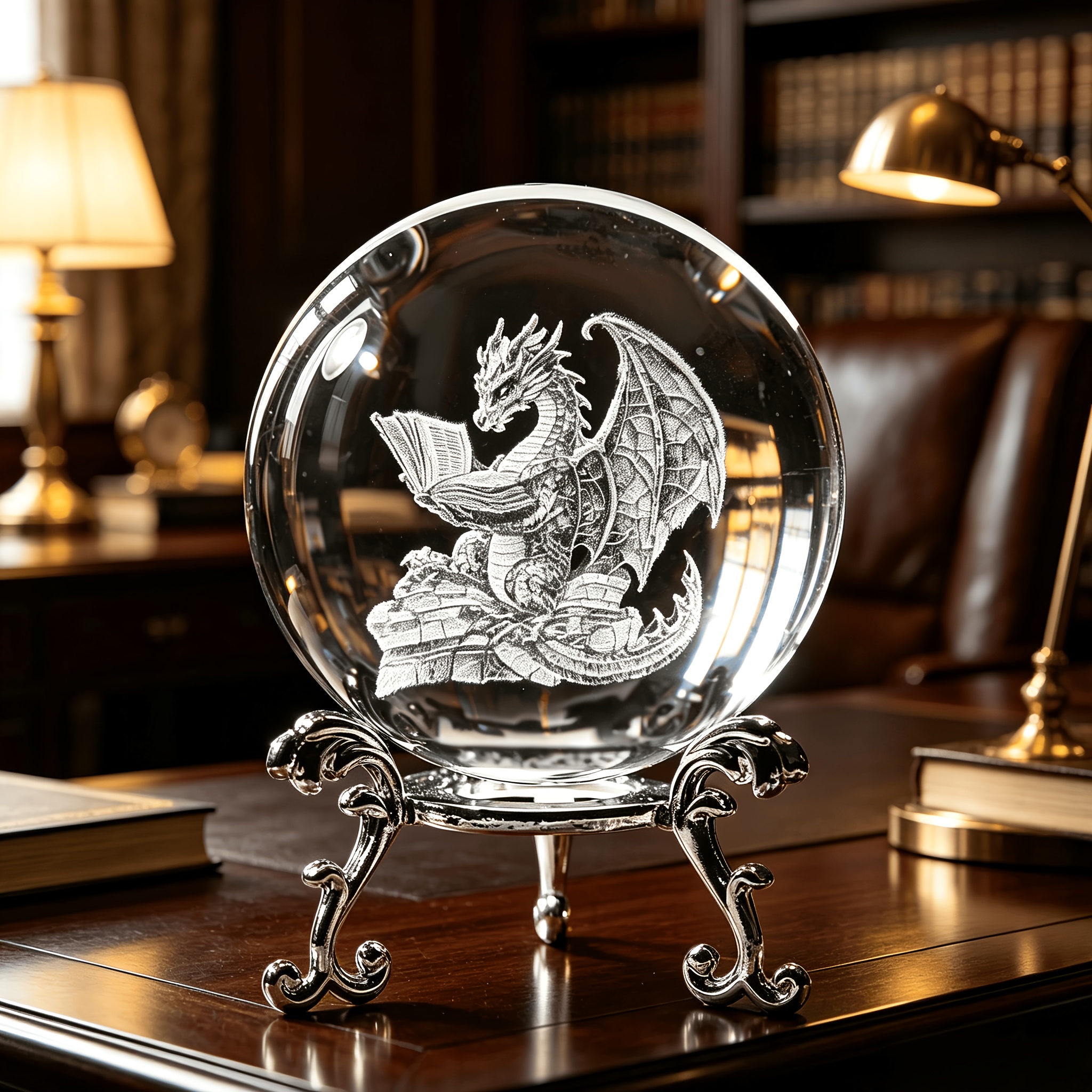TEMU Reading Western Dragon 3d Carved Crystal Ball Ornament European Study Retro Desktop Crystal Craft Decoration