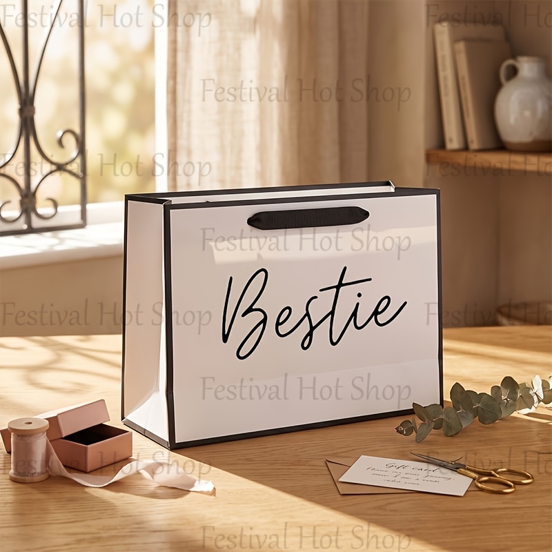 Image of Gift For Her/him 1pc Bestie Paper Gift Bag, Lightweight Foldable Shopping Tote - Stylish White Tote Bag, Suitable For Birthdays, Christmas Gifts, Thanksgiving - Perfect For And Sisters, Included