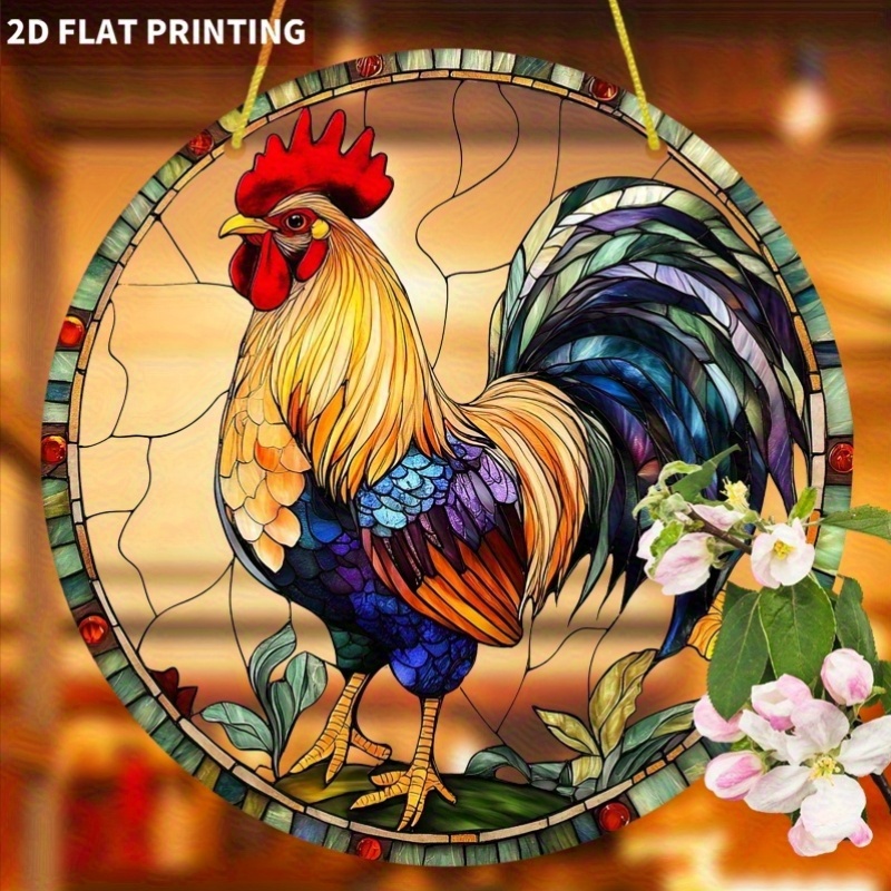 TEMU 2d Flat - 2d Flat 1pc Colorful Rooster Sun Catcher - 7.87" Round Acrylic Sign, Stained , Bright Farmhouse Decoration For Kitchen, Porch, Or