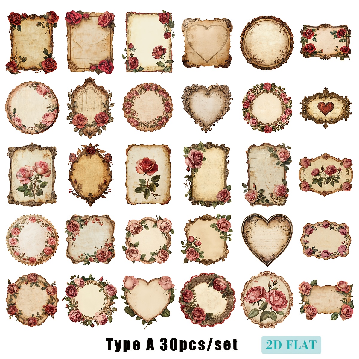 E-shop 30er-Set handgefertigte kreative Vintage-Europäische rosa Rosenblüten-Etiketten-Serie zum Valentinstag, 2D-Aufkleber in hoher Qualität, geeignet