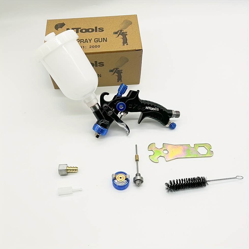 Image of Professional Mini Hvlp Spray Gun With 0.8mm 0mm Nozzles, Featuring A 250ml Plastic Cup, Gravity Feed, Along With A Filter And Air Regulator Kit