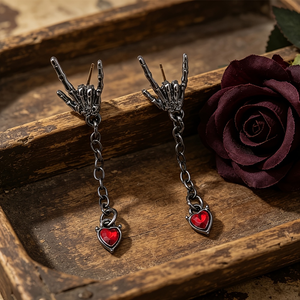 TEMU Dark Style Rock Hand Gesture Earrings Women's Retro Skull Hand Heart Drop Earrings Sweet Individual Chain Ear Jewelry