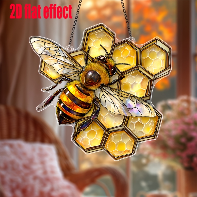 

1pc Vibrant Bee & Honeycomb Suncatcher (8"x7.6") - Acrylic Nature-inspired Decor With Stained Glass Effect, Kitchen, Garden, Or ' - Gift For