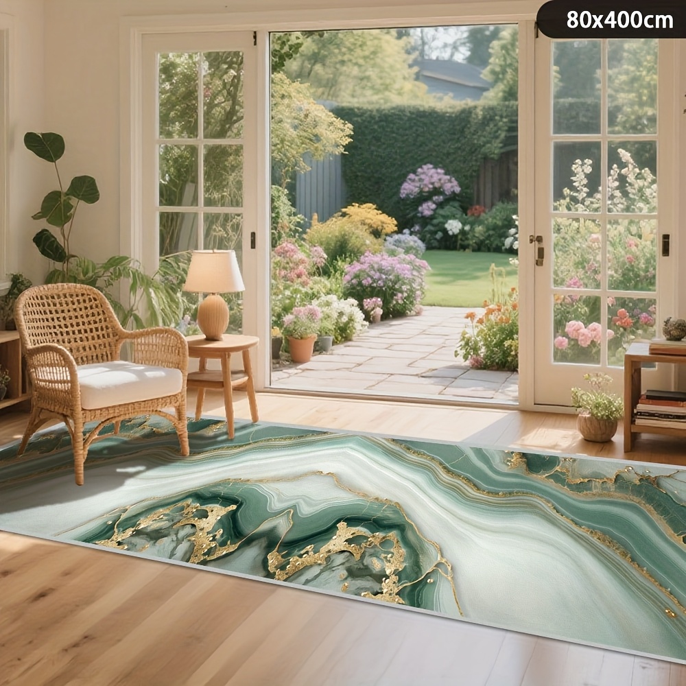 TEMU 1pc, Light Green Abstract Doorway Corridor Long Runner Mat, Golden Luxury Decorative Area Mat, Soft And Comfortable Outdoor Patio Garden Mat,