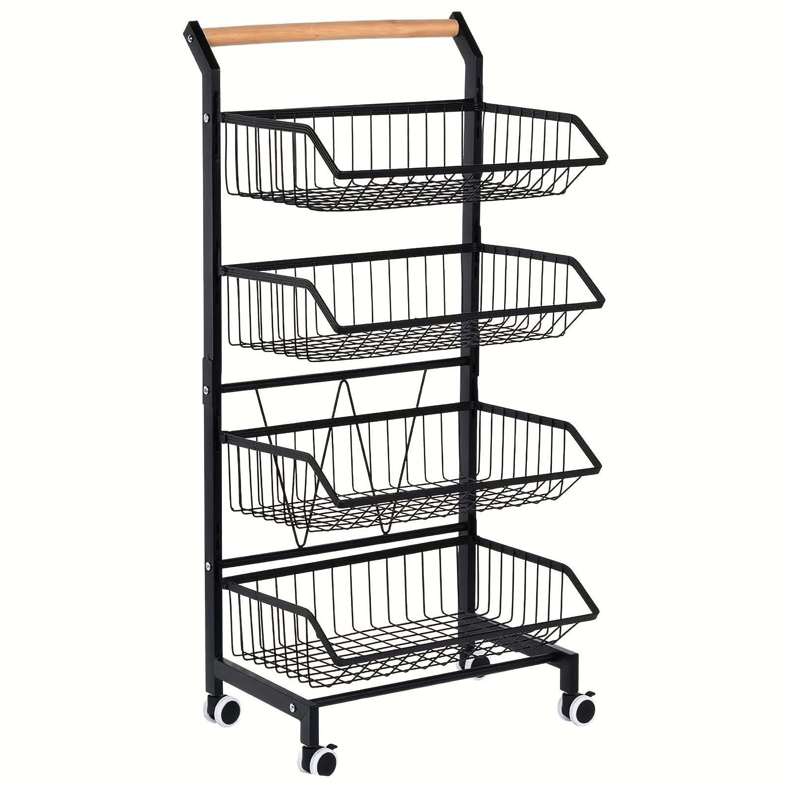 TEMU 4-tier Adjustable Snack Cart With Wheels, Metal Storage Basket For Kitchen, Pantry, And Fruit, With Wooden Handle