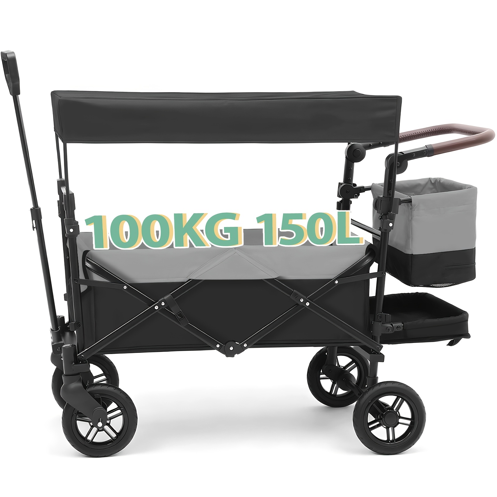 E-shop Klappbarer Handwagen mit Dach, Hochbelastbar 100 kg, 150 l Klapptrolley – Gebremste Räder, verstellbarer Griff, Oxford-Nylongewebe für