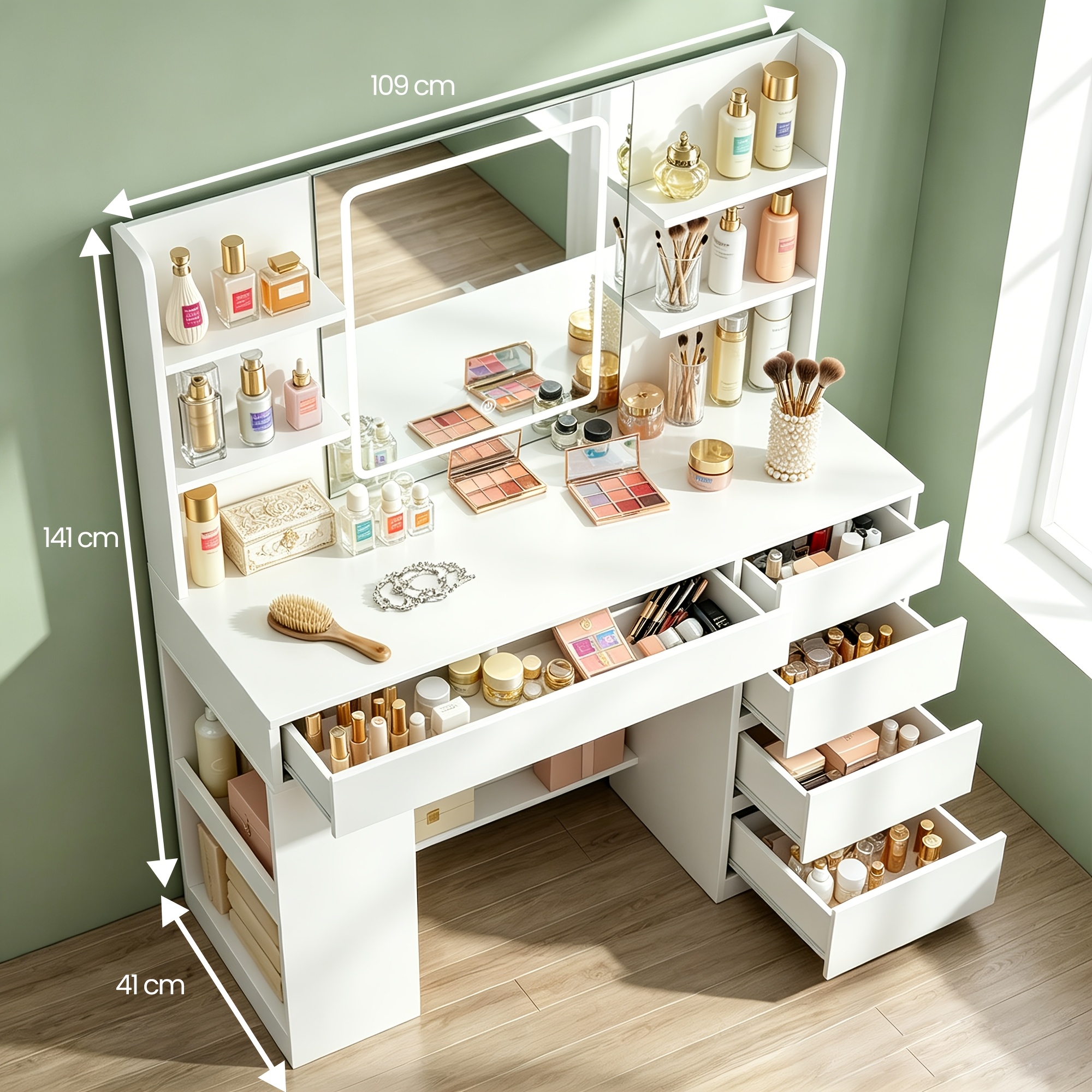 TEMU Coiffeuse blanche avec grand de maquillage (taille 108,3 cm), éclairage LED tricolore, 5 tiroirs + 6 étagères ouvertes + placard latéral ouvert.