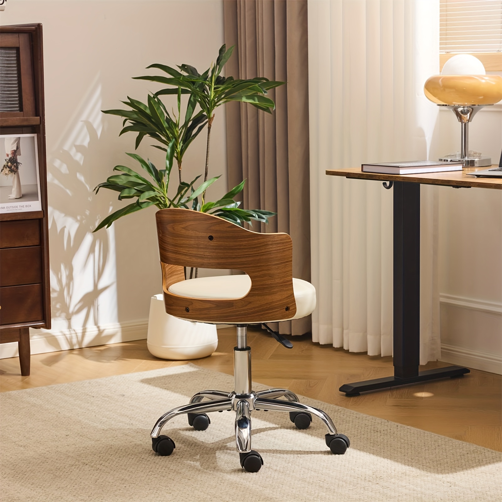 Bonnlo Adjustable Height Home Office Chair - Armless Swivel Desk Chair with Manual Height Adjustment, Curved Walnut-like Backrest, White & 5-Star Base-Like Stability (No Wheels) for Small Spaces, Study, Computer Desk - Space