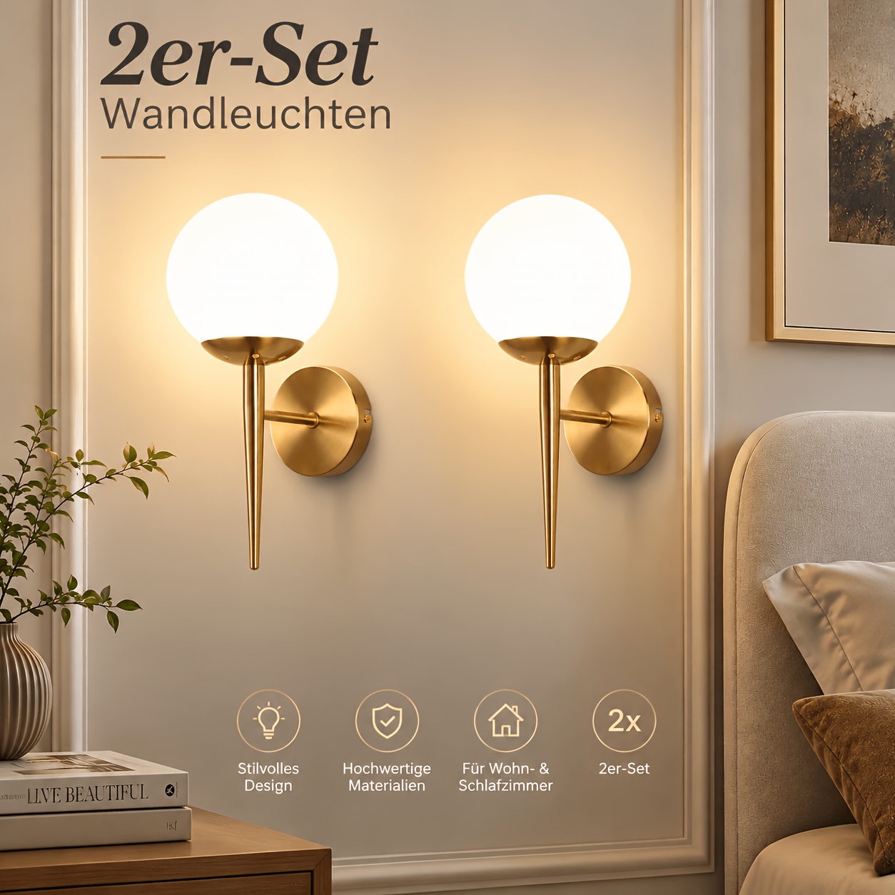 Image of 2pcs Indoor Wall Sconces, Bedroom Glass Shade Hallway Lights | Staircase Golden Vintage Bedroom Light Ball, Glass Ball Bathroom E27 Hallway Lighting, Light Bulb Not Included