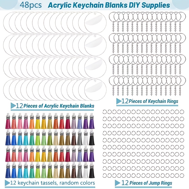 TEMU 48pcs Transparent Acrylic Blank Keychain Set Includes 12 Transparent Acrylic Blank Additions, 12 Keychain Tassels(random Color), 12 Key Rings,