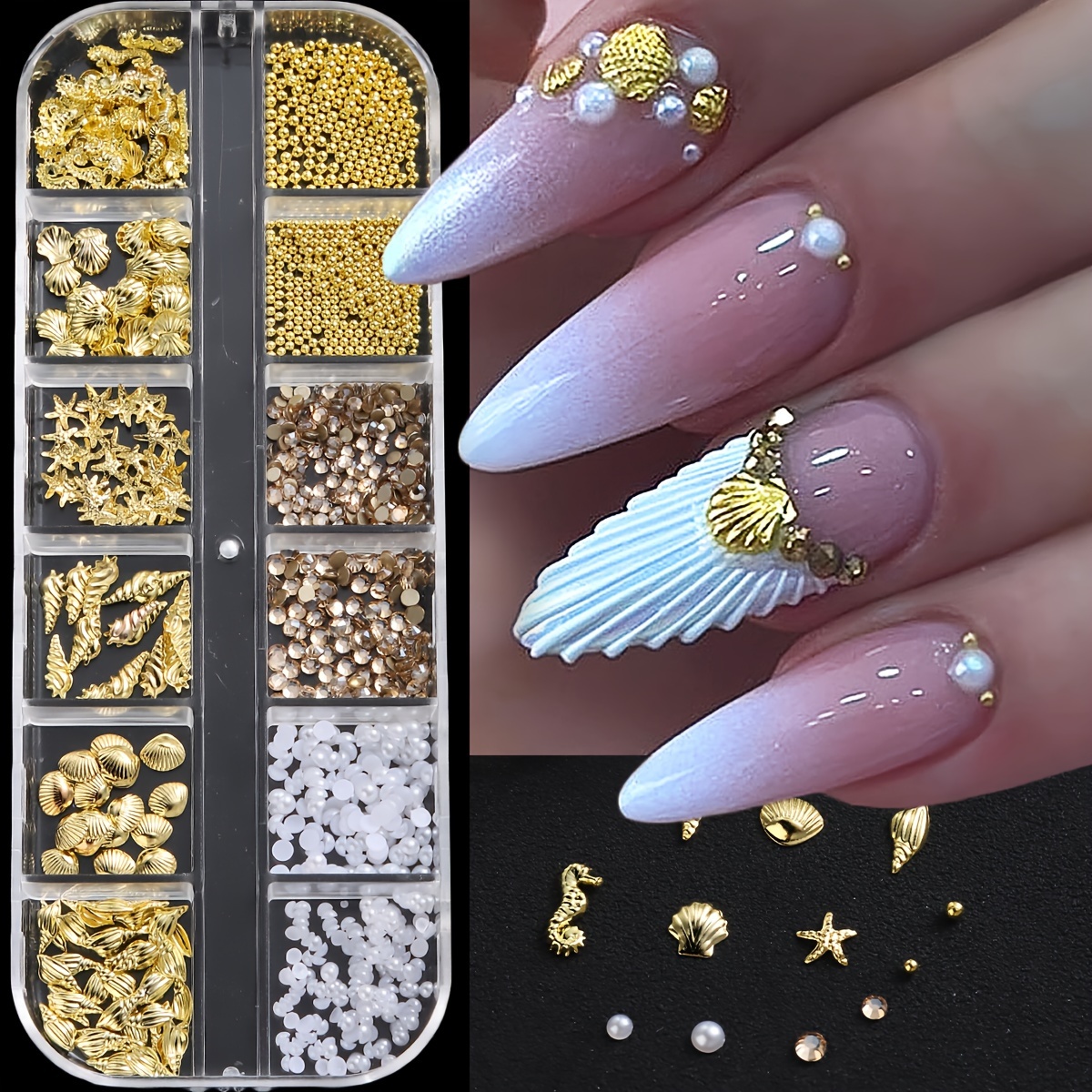 

Ocean-inspired Nail Art Charms - 6/12 Grid Set With Alloy Shell, Abalone, Seahorse, Starfish, Conch & Pearl Beads For Diy Manicure