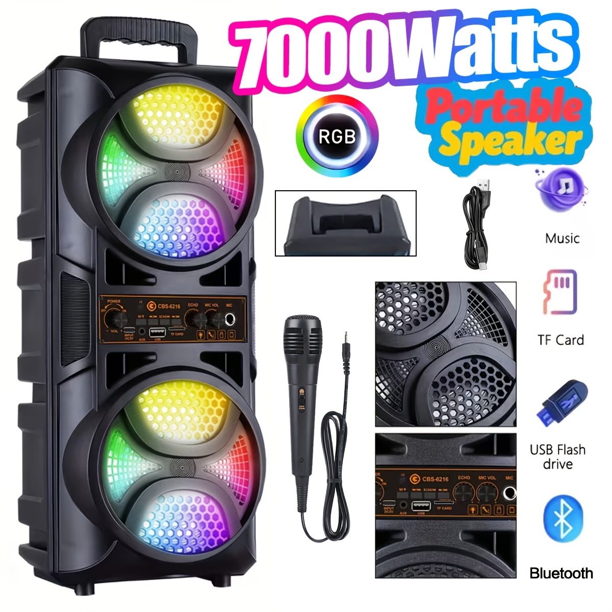TEMU 7000w Wireless Outdoor Subwoofer, Portable Speaker, Compact And Easy-to-carry Handheld Speaker, Wireless , 2250mah, Rgb Party Lights With Volume