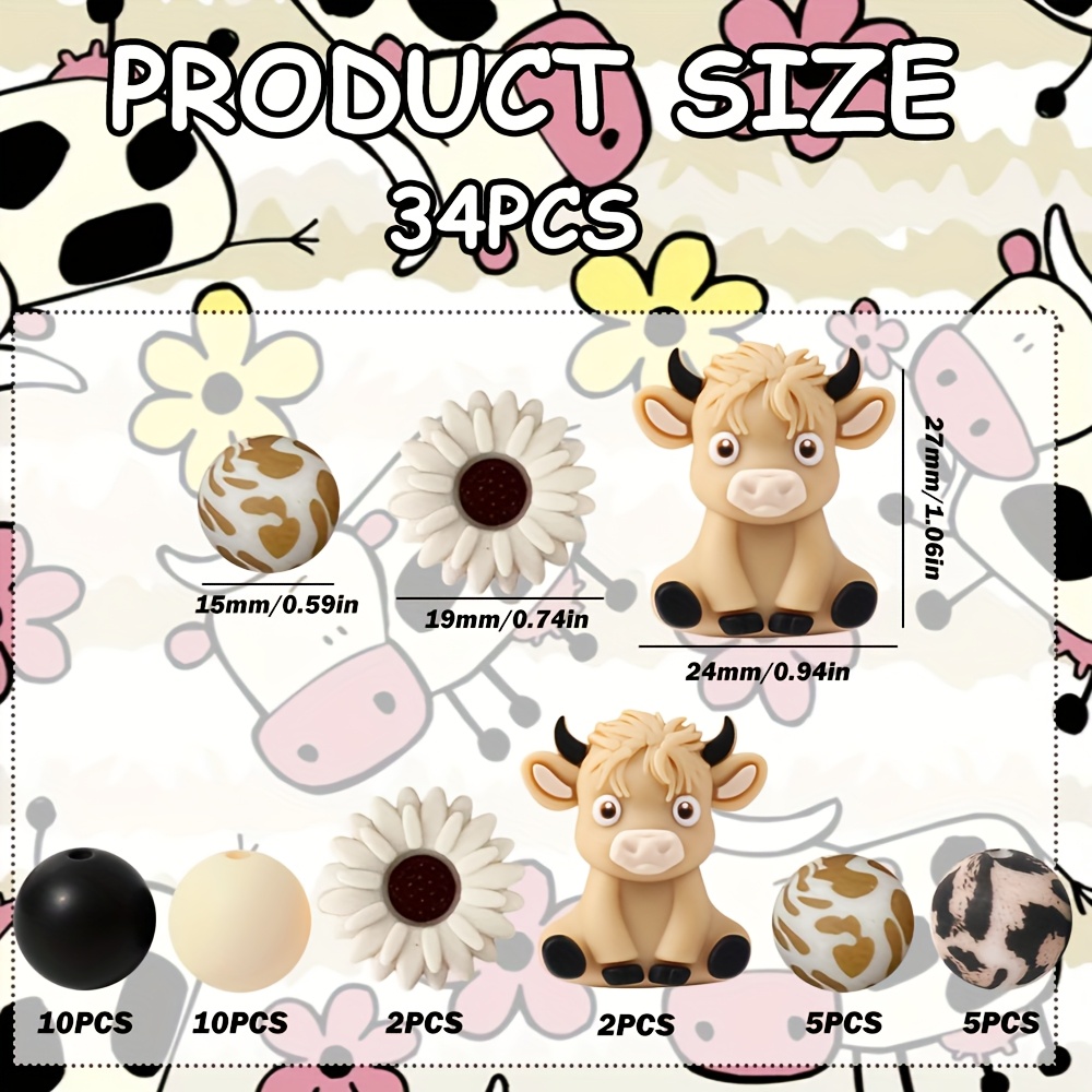 TEMU Kit de Fabrication de Bijoux en Vache Highland 34 pièces, Perles Rondes de 15 mm Adaptées pour DIY, Bracelets, Porte-clés et Accessoires Main -