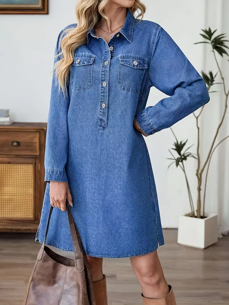 womens denim tunic dress Women Long Sleeve Denim Retro Washed Distressed Classic Loose Button Casual Shirt Dress Misses Dresses Casual Tunic Women Backless Summer Dress Womens Sports Dress Midi for Women Casual Summer Casual