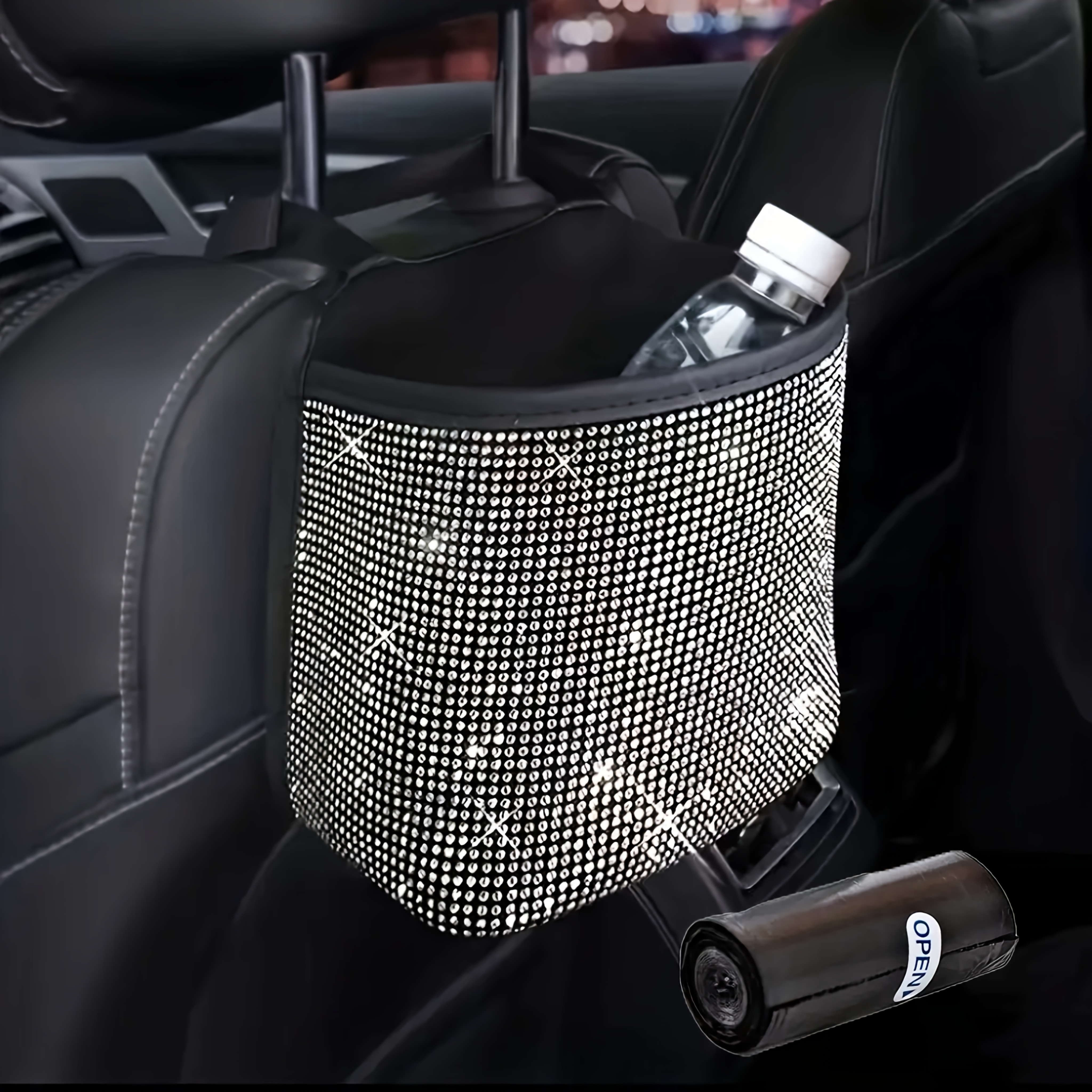 TEMU 2pcs/set Sparkling Bling Rhinestones Car Trash Can+1pc Trash Bag- Durable & Convenient Hanging Storage Bag For Seat Back - Multifunctional, Space- Interior Accessory,