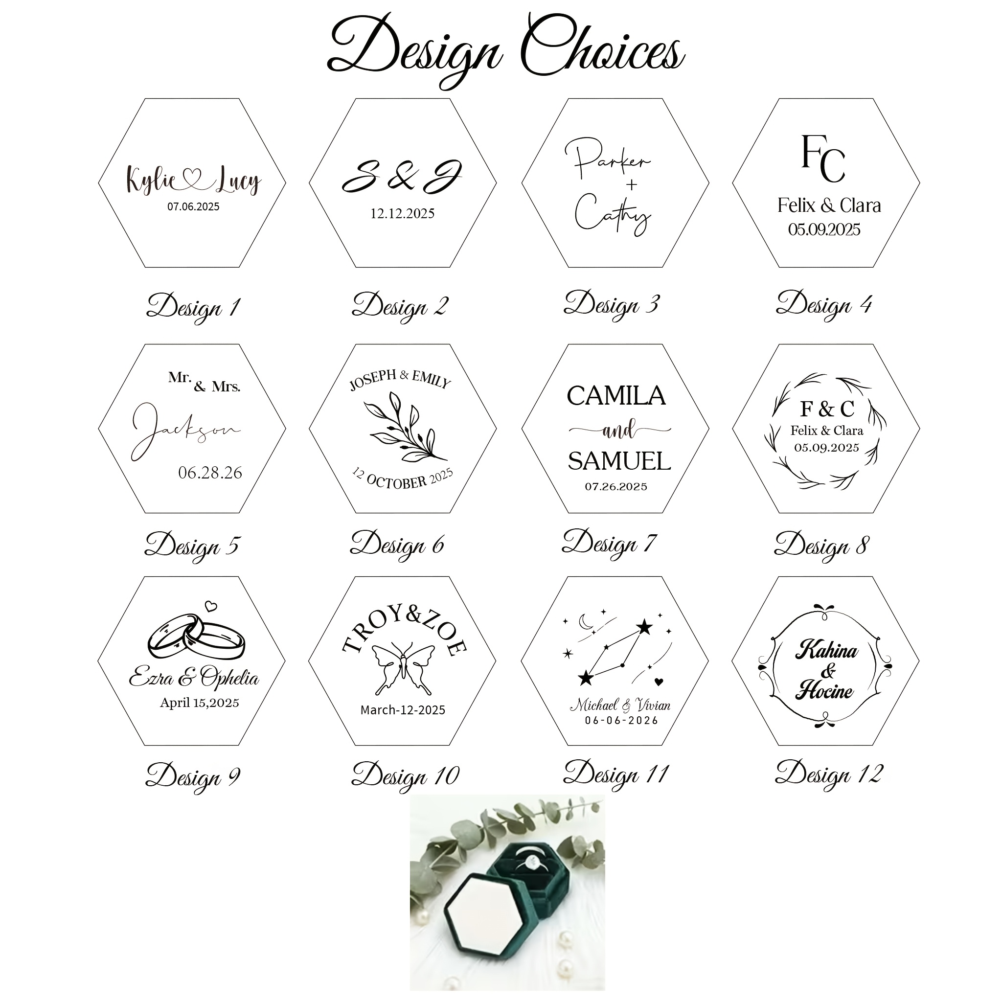 Personalized Hexagonal Velvet Ring Box, Custom Name and Date