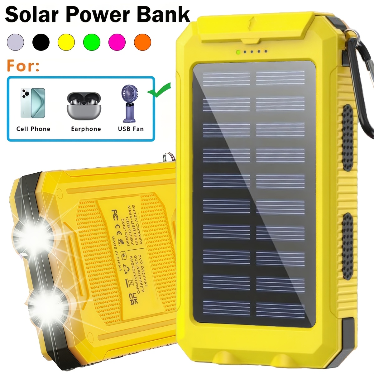 TEMU Solar Power Bank, 18800mah Usb Portable Charger For Cell Phone, Long-lasting, Led Lights Flashlight With Compass, Travel Camping, Portable