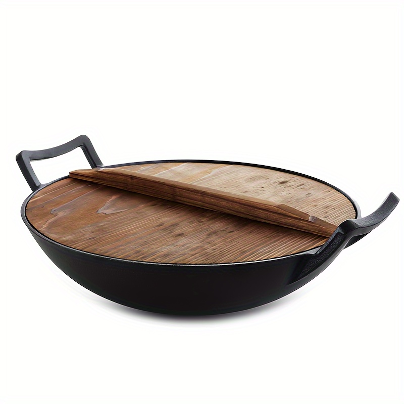 

14 Inch Cast Iron Wok With Wood Lid - Enormous Size For Large Families And Friendly Gatherings