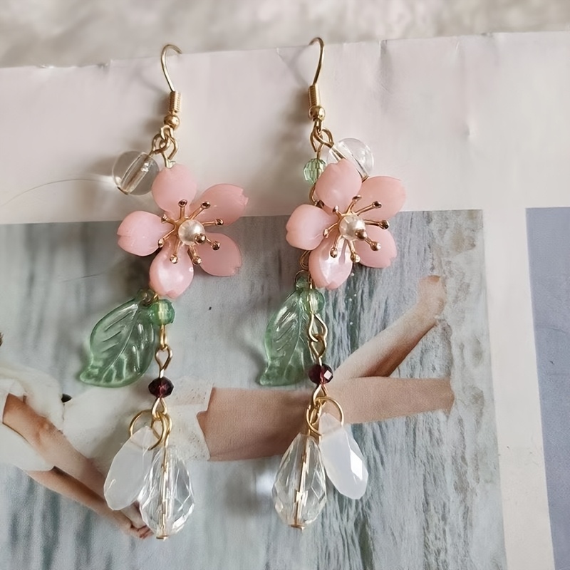 TEMU A Pair Of Romantic, Gentle, Floral Teardrop Pendant Long Tassel Earrings For Women's Leisure And Vacation Wear