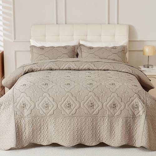 3pcs exquisitely king queen size quilted bedspread set with intricate floral embroidery 100 polyester wrinkle resistant lightweight a to your bedroom decor