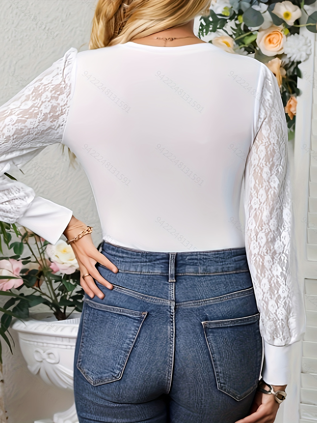 Contrast Lace Crew Neck Bodysuit Elegant Long Sleeve Solid - Temu