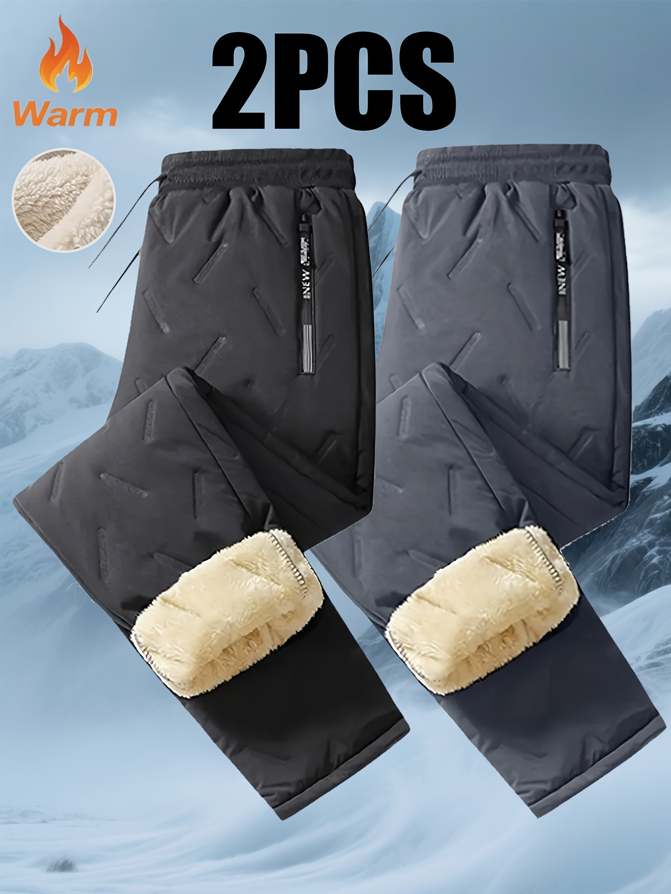 2pcs men s thermal fleece lined winter pants - heavy-duty thickened relaxed fit straight leg snow pants with zipper pockets & drawstring waist, machine washable, black/brown/beige for skiing, snowboarding & everyday cold weather - durable casual winter trousers with fleece lining, solid  , and functional pockets for    , winter trousers for men, ski pants men 0
