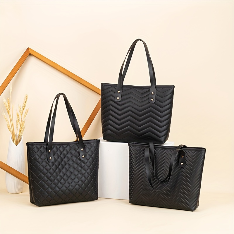 

Quilted Pu Leather Tote Bags, Stylish Embossed, Versatile Everyday Handbags With Handles, Solid Lightweight And Durable