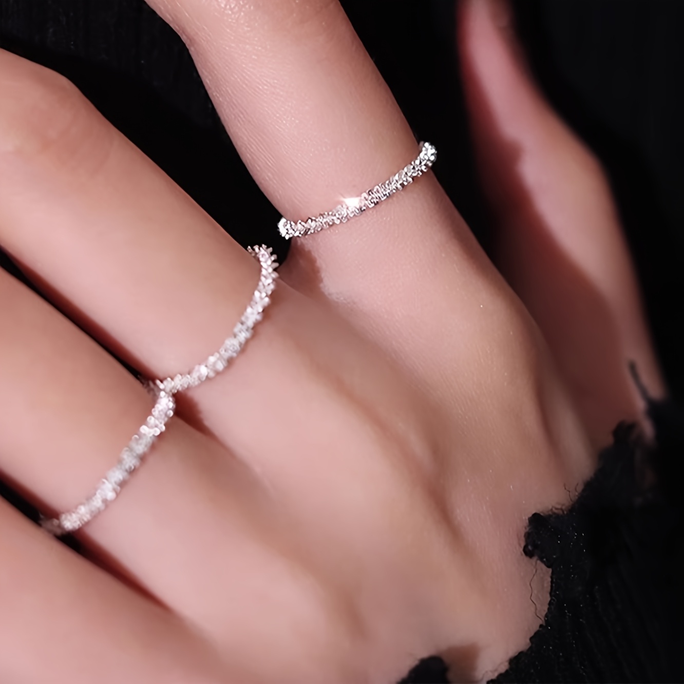 3pcs Luxury Elegant Stackable Bling Chain Ring Set For Women, Daily Gift Accessory