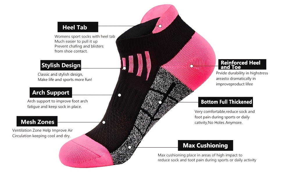6 pairs womens compression sports socks breathable moisture wicking fabric suitable for running and cycling low heel with cushioning durable support fits shoe sizes 5 9   fabric Product details 0