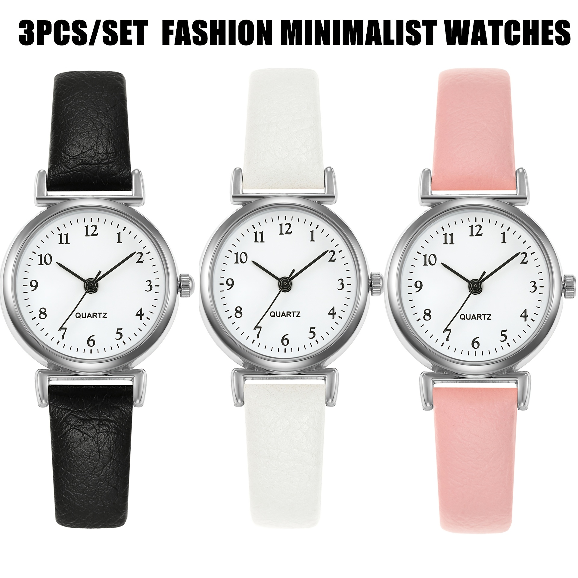 TEMU 3pcs/set Women's Quartz Watch, Fashion Strap-thin, Elegant Wristwatch, Small Size Round Dial Design Clocks Black + White