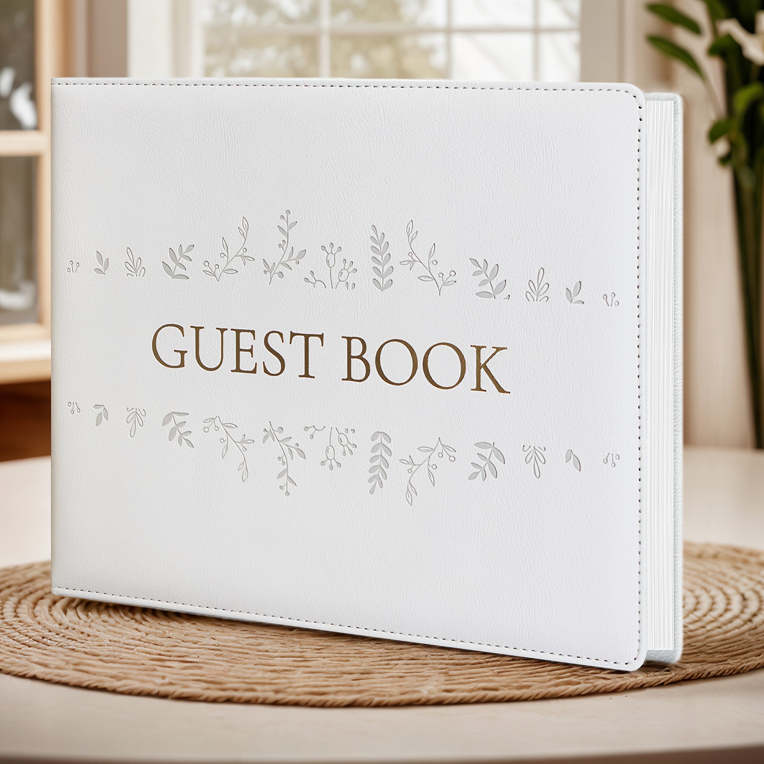 Image of Floral Embossed Vegan Leather Wedding Guest Book - 9"x7" Hardcover With , 100 Pages (50 Sheets) - Elegant Guest Book For Weddings, Baby Showers, Birthdays Etc