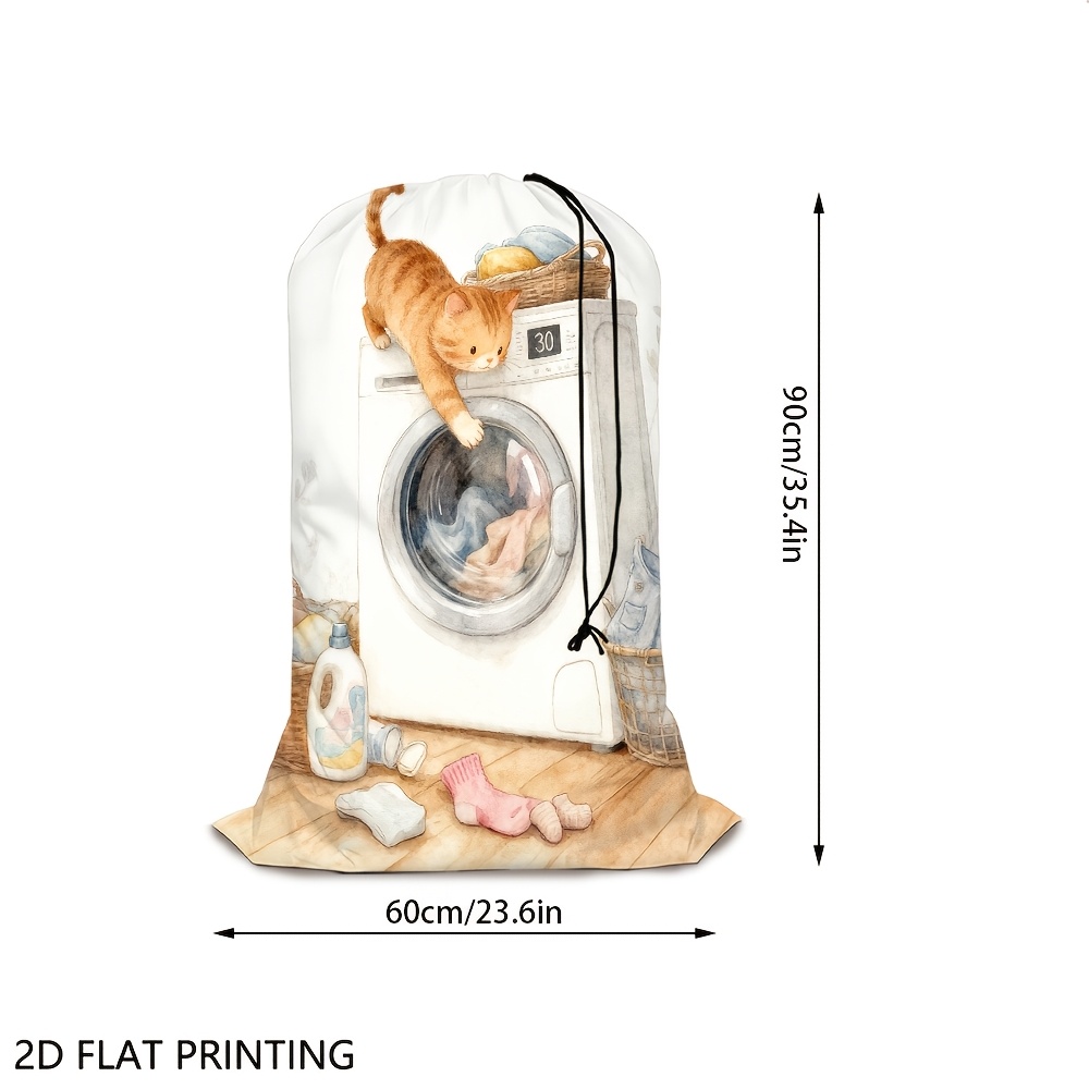 TEMU 1 pièce Sac de rangement à cordon de serrage réglable et de grande pour linge, Motif chat et machine à laver, Fermeture à cordon de serrage