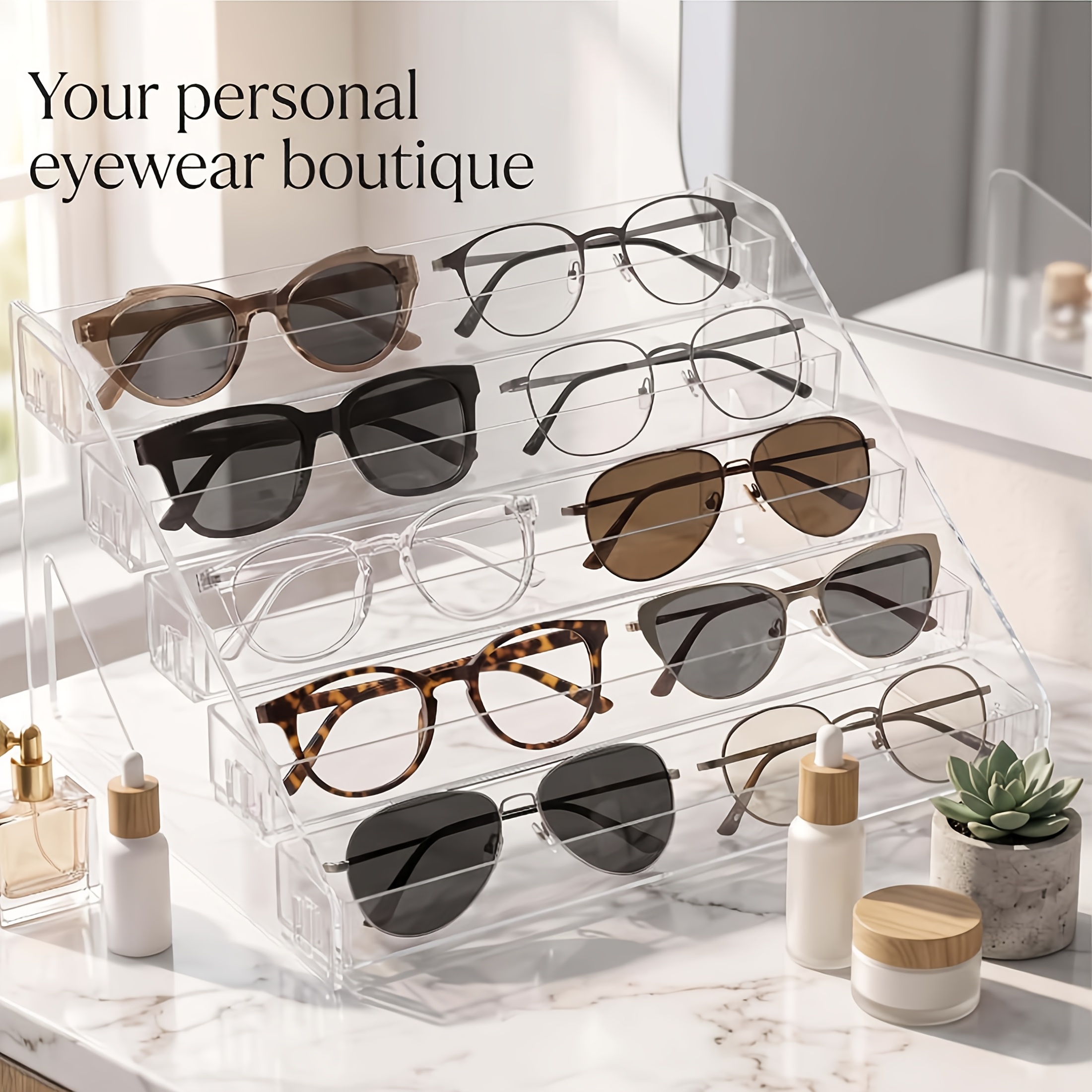 TEMU Sunglasses Organizer, Clear Eyeglass Display Stand, 10-pair Capacity, Full Visibility Stepped Design, Acrylic, Assembly, Stable Base Cosmetics,