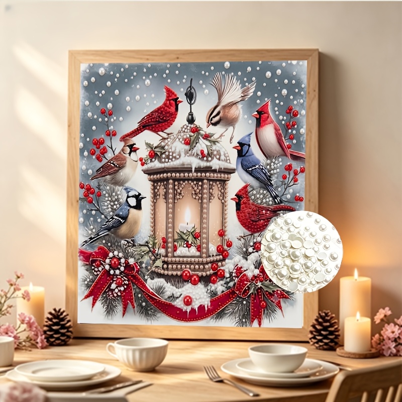 TEMU Christmas Lantern Little Birds Pearl Diamond Painting Atmosphere Handcraft Sticker Diamond Decor Painting. Living Room Bedroom Entrance Romantic