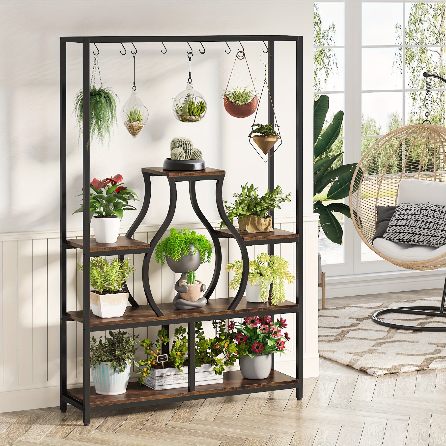 

70.9" Tall 5-tier Wood & Metal Indoor Plant Stand With 10 Hanging Hooks - Versatile Flower & Bonsai Display Rack For , Balconies, Living Rooms & Offices