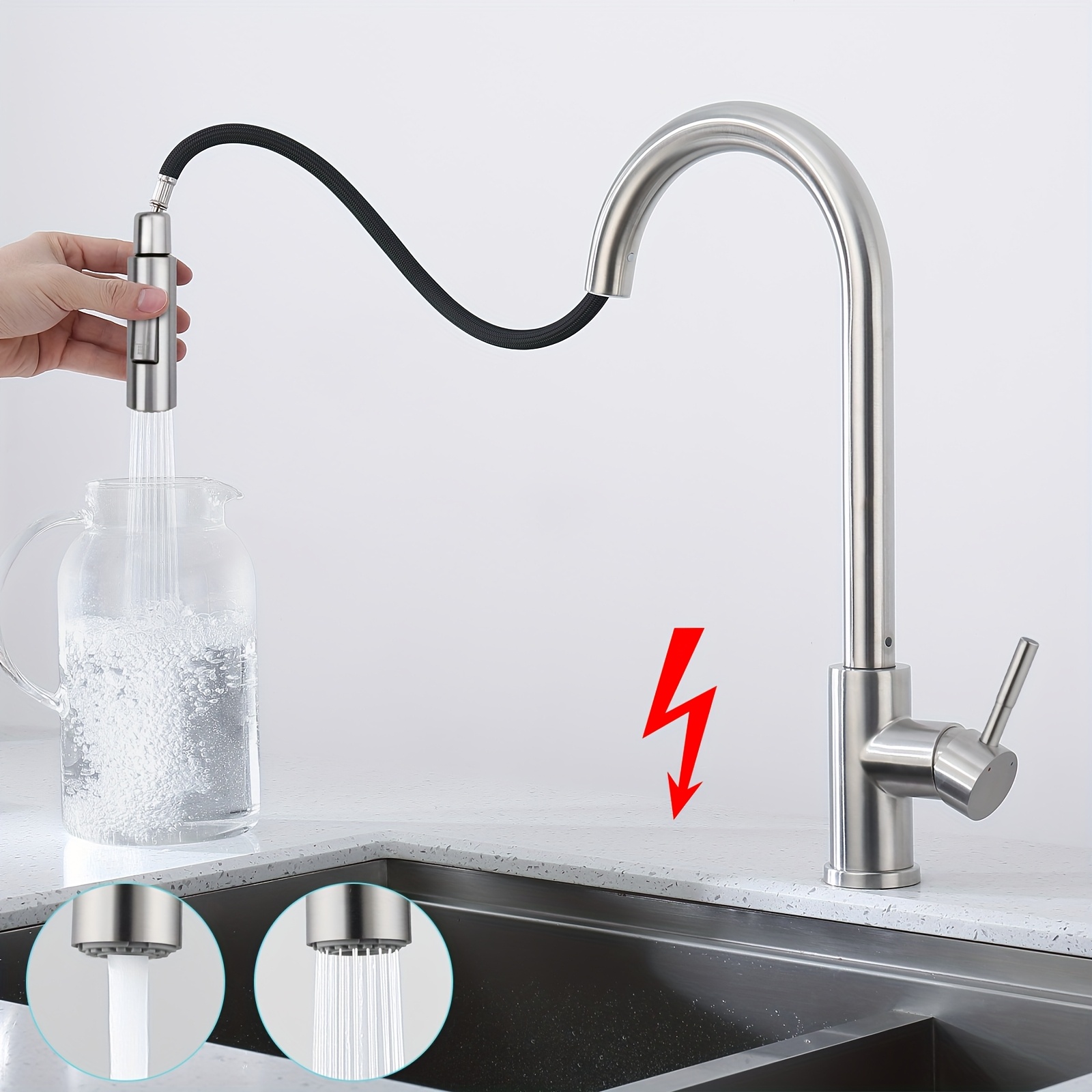 Kitchen Faucet Designed For , Featuring A Spout, An Extendable Shower Head, 3 Connection Options, 2 Types Of Water , And A Brushed Stainless Steel End Suitable For